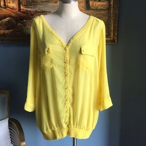 Y2K Torrid bright yellow 3/4 sleeves gauzy sheer V neck button down blouse Sz 3